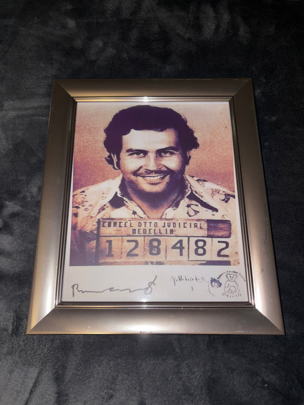 USED Vintage Silver Luxury frame with Pablo Escobar Mug Shot with Roberto Escobar (Brother) Signature Reprint