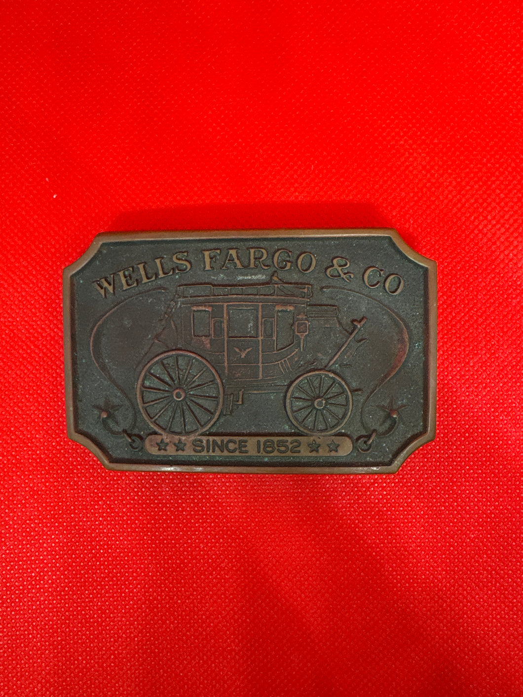 USED Vintage Copper Metal Belt Buckle Wells Fago & CO 1973 Collectors Item