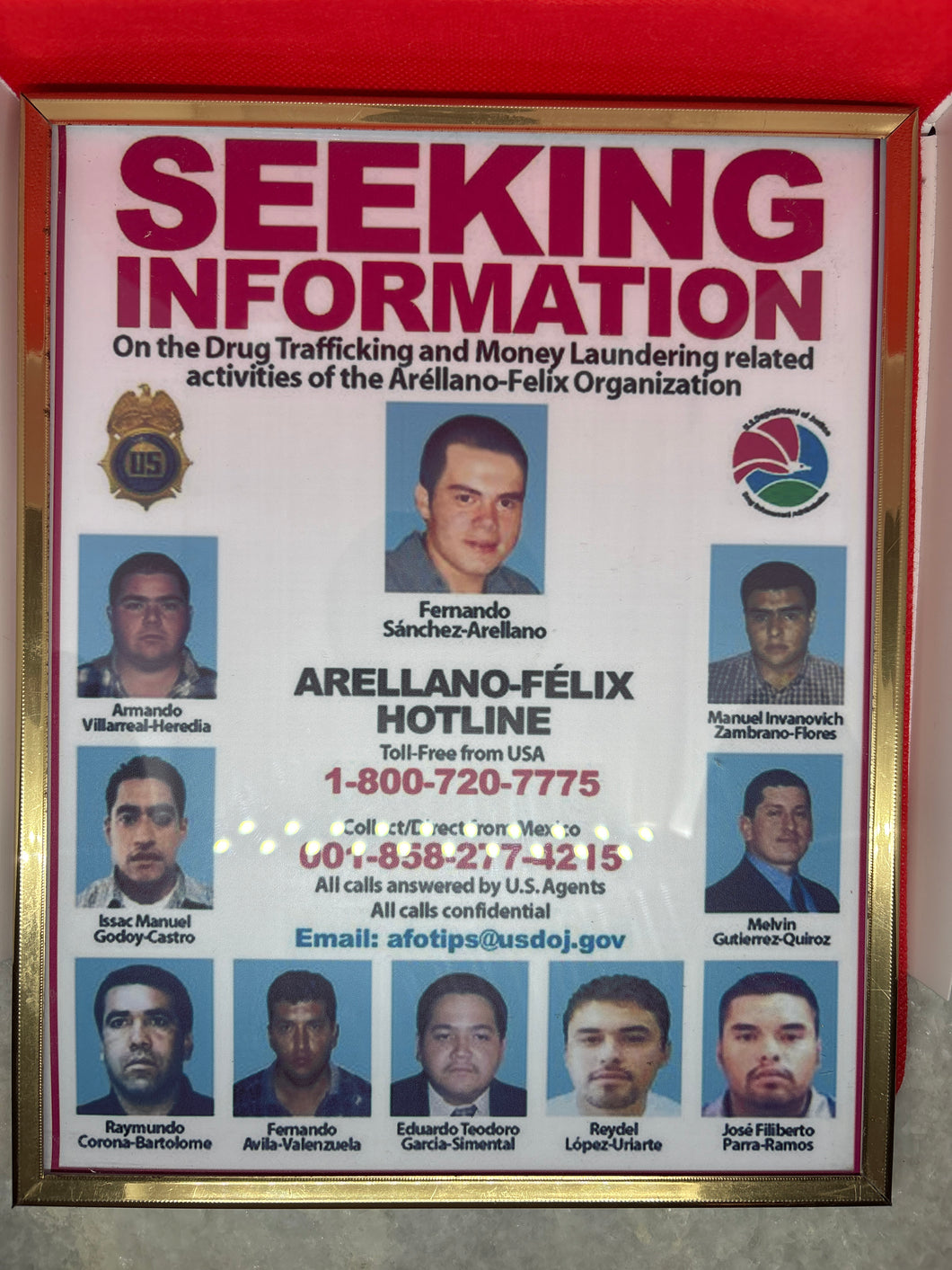 USED Vintage Gold Tone Metal Rectangular 8x10 Frame with The Arellano Felix Cartel Wanted Poster