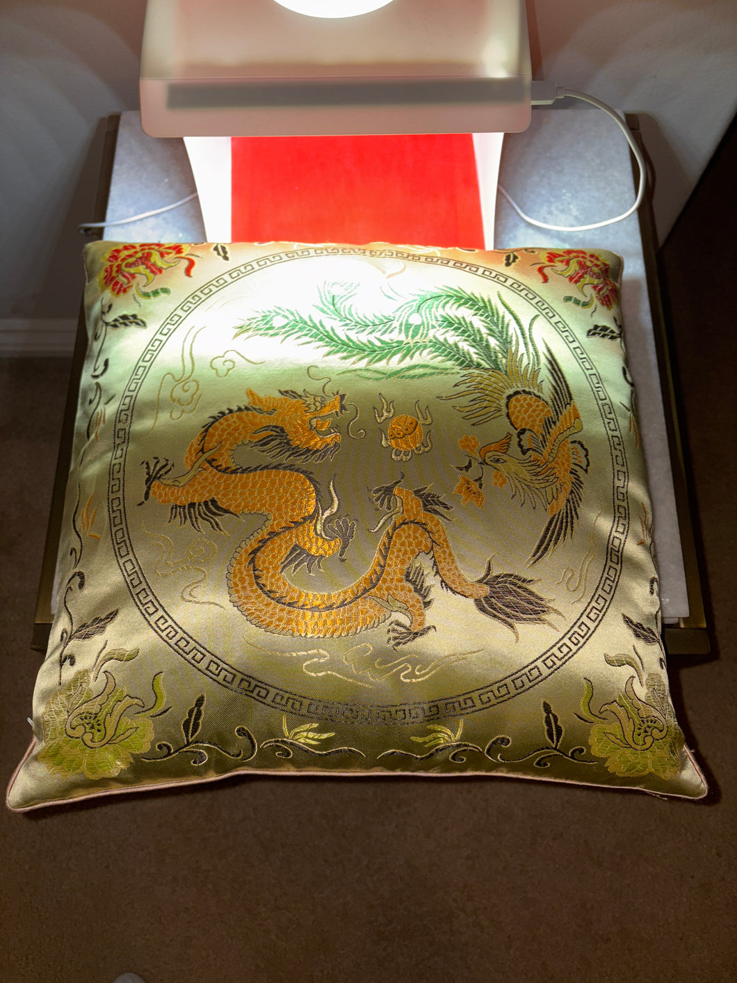 Brand New Vintage Satin Olive Green Dragon and Peacock oriental accent pillow 16x16