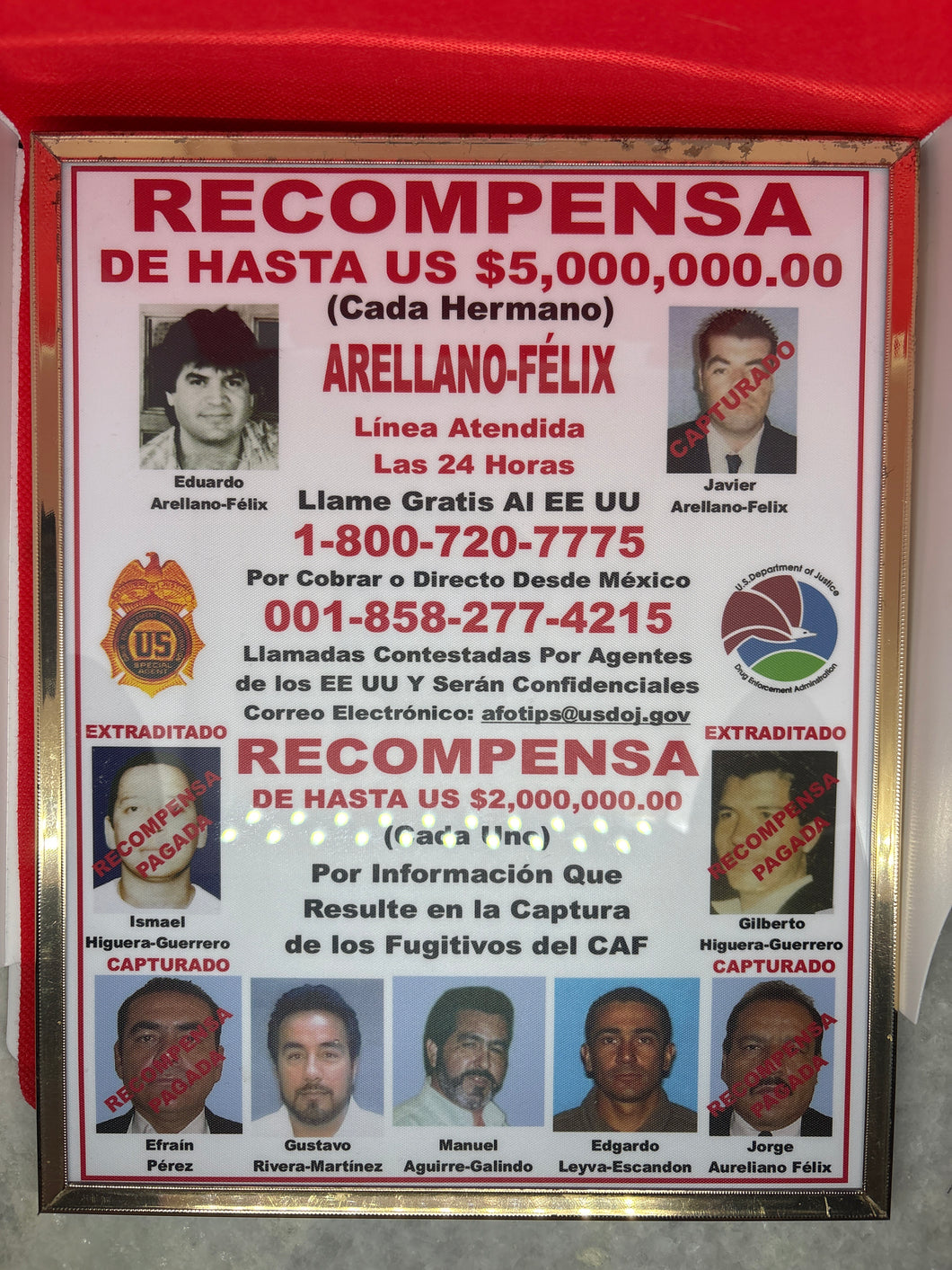 USED Vintage Gold Tone Metal Rectangular 8x10 Frame with The Arellano Felix Cartel Wanted Poster
